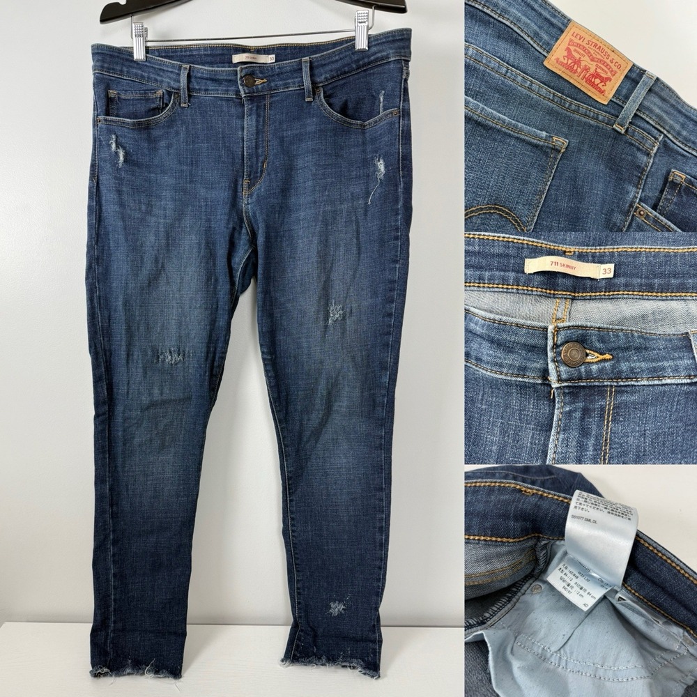 NEW LEVIS 711 SKINNY  W33 L30 DISTRESSED MID‎ RISE JEANS Cut Off Cuff
